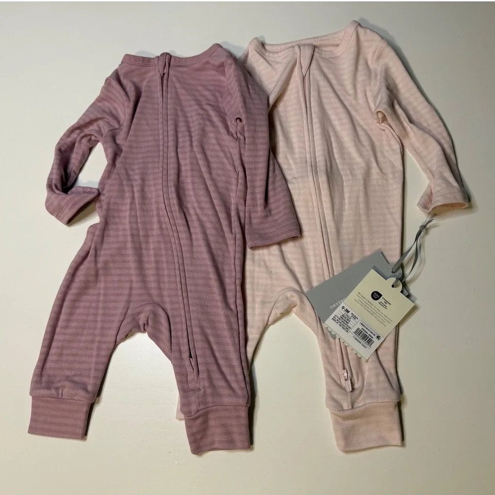 Cloud Island Baby Girls 2-Pack Sleep n Play Pink Mauve Ribbed Sleepers 0-3M NWT
